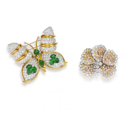 Lot 503: A diamond and gem-set brooch and a coloured diamond and diamond brooch